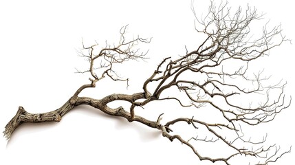 Fototapeta premium A dry tree branch, stark and isolated against a pure white background. This simple yet evocative image can be used in various nature - themed projects, such as environmental awareness campaigns, 