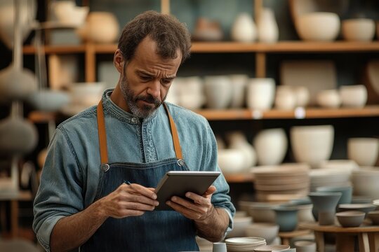 Focused man in denim shirt and apron using digital tablet in ceramic pottery workshop surrounded by shelves with bowls and plates