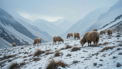 Naklejka premium A flock of sheep peacefully grazes on a snow-dusted mountainside, the majestic, snow-capped peaks forming a breathtaking backdrop under a muted sky.