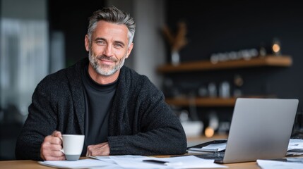 Man enjoying coffee while working, looking at camera, laptop in front, paper documents on desk.