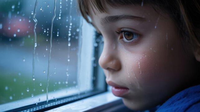 Thoughtful young caucasian child gazing out rainy window in deep reflection - Powered by Adobe