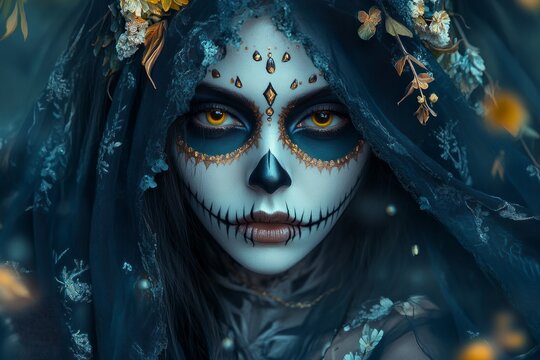 Portrait of mysterious woman with traditional la muerte makeup