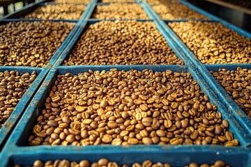Obraz premium Close-up of roasted coffee beans spread out evenly in blue rectangular trays under natural light