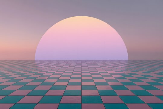 Surreal checkered floor meets a pastel gradient sky with a large glowing orb