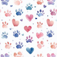 seamless pattern of watercolor paw prints and heart shapes in shades of blue, purple, and pink on a white background, evoking warmth and affection