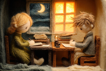 Needle-felted wool split scene of writing a letter. Left: A felted girl writes at a desk by candlelight at night, moon outside the window. Right: A felted boy sits at the same desk in daylight.