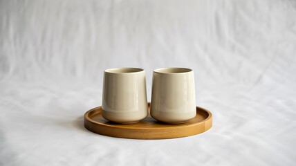 Minimal ceramic cups placed on round wooden tray against soft white fabric background

