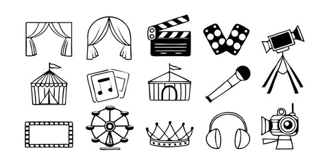 Set of Circus and Entertainment Icons in Black and White Outline for Theater and Show Business Designs.