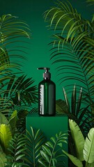 Dark green pump bottle surrounded by tropical leaves in natural skincare product display

