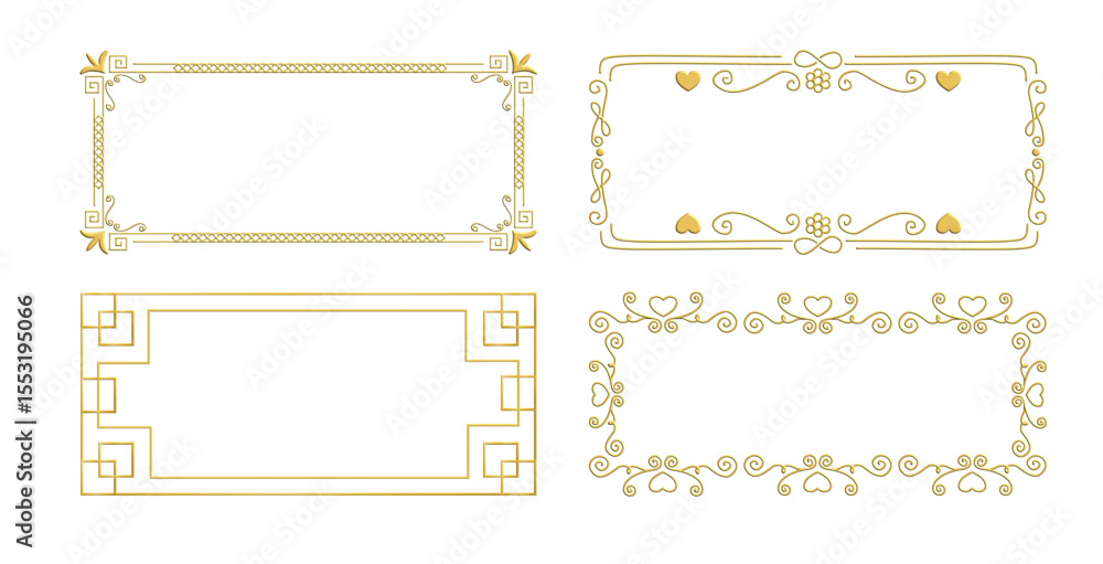 Poster a collection of golden rectangular frames with broken styles and patterns, classical, geometry, roma