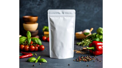 White food pouch on kitchen table surrounded by fresh herbs, vegetables, and spices
