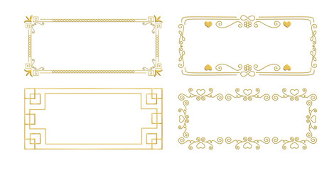 A collection of golden rectangular frames with broken styles and patterns, classical, geometry, romantic, and modern styles.