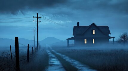 Eerie farmhouse glows amidst a foggy landscape with a wet dirt road