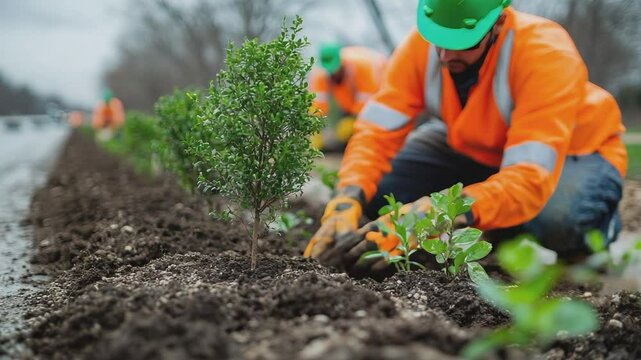 Planting Hope: A dedicated groundskeeper meticulously plants a young sapling in fertile soil, symbolizing growth, renewal, and environmental stewardship.