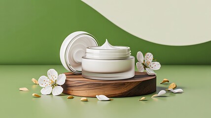 Open face cream jar on wooden stand with white flowers and green background for skincare product display
