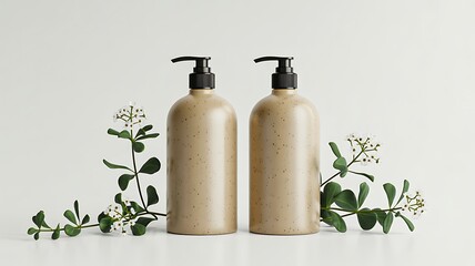 Natural cosmetic pump bottles with plant decoration on white background for skincare product display
