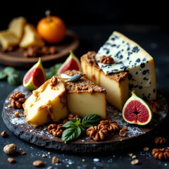 Gourmet cheese assortment with honey and figs on wooden board, featuring soft and blue cheese, rustic setting, ideal for culinary or food styling themes.