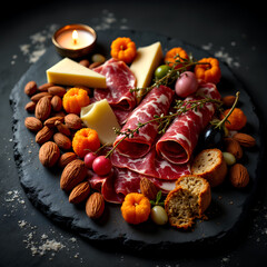 Charcuterie board with sliced salami, cheese, olives, and bread, styled with candles and herbs. Perfect for gourmet, rustic, and cozy food-themed visuals.