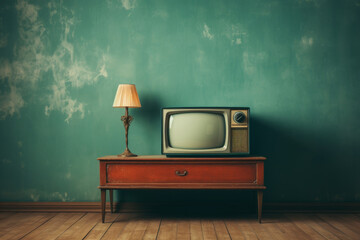 vintage tv on the wooden table with lamp