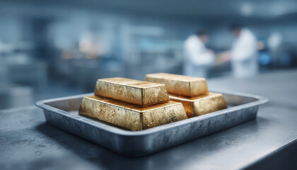 Refined gold bars cooling on metal trays, glowing under laboratory lighting, symbolizing wealth and luxury in secure environment