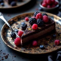 Decadent chocolate cake slice topped with fresh raspberries, blackberries, and blueberries on a rustic plate, creating an elegant and indulgent dessert scene.
