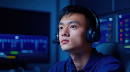 Focused Asian Man with Headphones in Blue-Lit Tech Environment