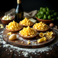 Fresh homemade pasta nests on a rustic wooden board with flour, eggs, cheese, herbs, and olive oil, styled in a warm and cozy kitchen atmosphere.