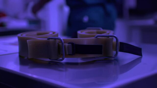 Prepared sterile tourniquet for surgical procedures on a shiny metal surface