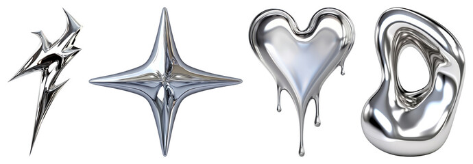 Obraz premium PNG Four metallic 3D shapes: lightning, star, heart, and abstract element set on transparent background.