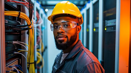 IT technician wearing helmet working in server room surrounded by network cables

