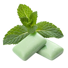 Refreshing Mint Gum: Two Pieces with Fresh Mint Leaves