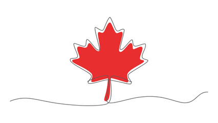 Obraz premium red maple leaf in continuous line art style, symbolizing canada, isolated on white background, minimalist patriotic vector illustration