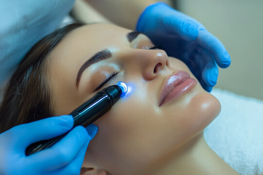 Cosmetologist using dermapen for facial rejuvenation and anti aging treatment