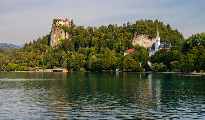 Castle and church above the Slovenian lake Bled