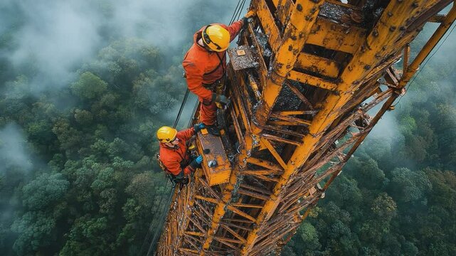 Dynamic Heights: Workers, clad in safety gear, meticulously navigate a towering crane, emphasizing teamwork amidst nature's embrace.
