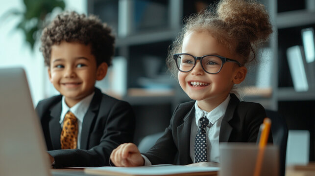 Close-up of Kids Dressed Like Adults Doing Office Work