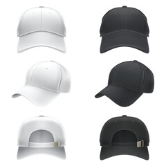 Vector realistic illustration of a white and black textile baseball cap front, back and 