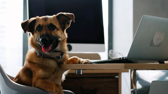 The dog is working at the computer sitting on a chair in light office. Intelligence, pets, education, humor, or branding concepts. Use in advertising campaigns, greeting cards, pet product promotions