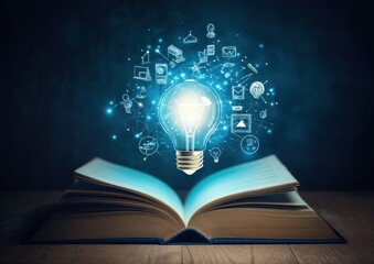 Illuminated ideas emerge from an open book.