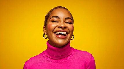 Smiling young woman in pink sweater laughing joyfully on vibrant yellow background
