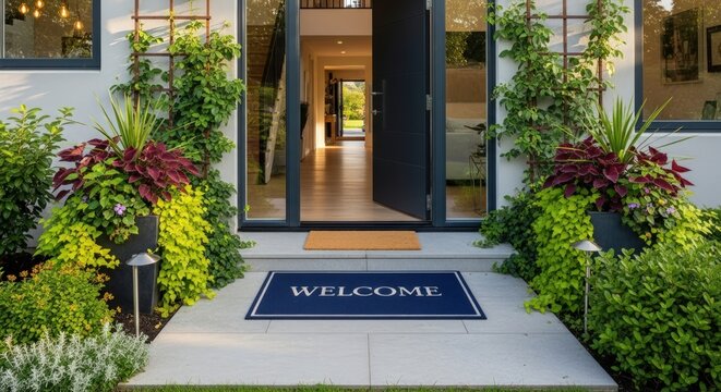 Inviting entrance with open door and welcome mat surrounded by lush greenery and potted plants