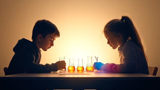 Two young students engaging in a chemistry experiment with beakers and test tubes, showcasing their enthusiasm for science education and the joy of discovery in the classroom - Powered by Adobe
