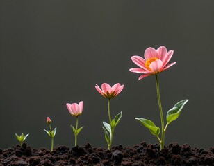a series of frames tracing a seed's ascent to a blooming flower, arranged from seed (top left) to full bloom (bottom right)