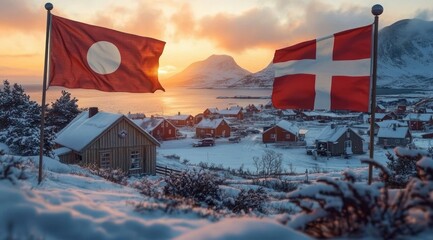 Snow-covered village at sunrise with two flags fluttering, surrounded by mountains and calm water under a colorful sky