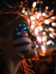 American Dream Young Girl Celebrates Fireworks Display at Night
