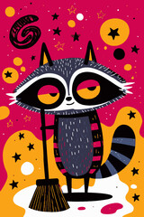 Obraz premium Whimsical Cartoon Raccoon Character with Broom Against Colorful Background