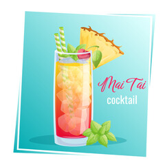 Mai tai cocktail in a glass, pineapple slice, mint, cherry on a blue background. The concept of a party, cocktail bar, summer. Isolated vector illustration for menu design, posters, banners, covers