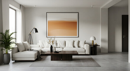Bright living room featuring a large white sectional sofa, a dark wooden coffee table, and abstract art.