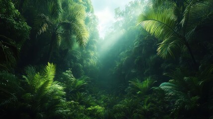 Obraz premium Dense tropical rainforest with lush green ferns and palm trees illuminated by soft sunlight filtering through the canopy