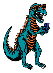 Obraz premium Cool Dinosaur Using Smartphone with Sunglasses in Colorful Vector Art